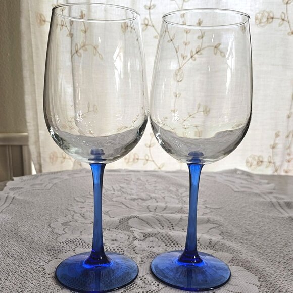 Vina Blue Libbey Red Wine Goblet 9" blown glass 17oz set of 2 stylish romantic - Picture 1 of 8